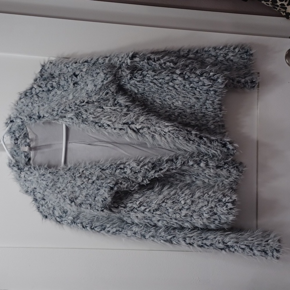 Fuzzy, Furry fun faux fur sheep sherpa gray white fluffy soft sweater wrap small